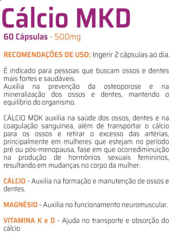 Cálcio MDK 500mg C/60 Cápsulas - Good Vit